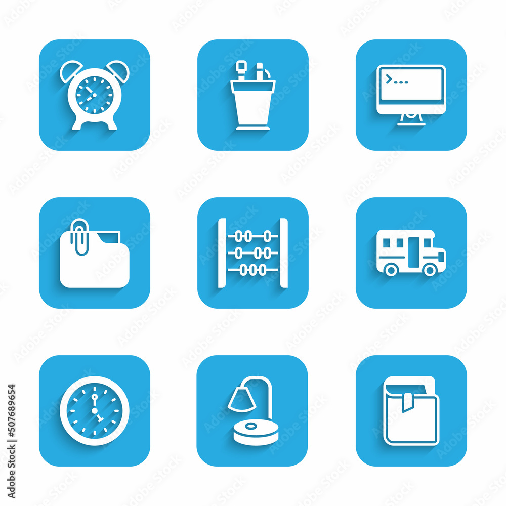 Poster set abacus, table lamp, book, school bus, clock, document folder with clip, computer monitor and ala