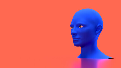 3d render blue head in red bacground not hair