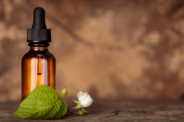 Bottle with dropper and blackberry flower, essential oil. Natural remedies, copy space.