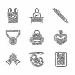 Set School backpack, Paint brush with palette, Exam sheet check mark, Man reading book, Medal, Marker pen and icon. Vector