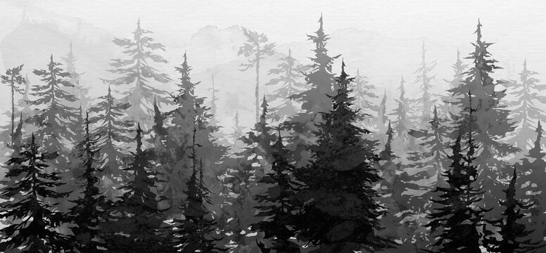 black and white drawing on a textured background depicts spruce trees with watercolor stains photo wallpaper