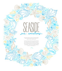 Vector frame, border of line art tropical sea elements, seashells, starfish. Doodles of marine life. Sea decor. Ocean, sea creatures. Maritime illustration