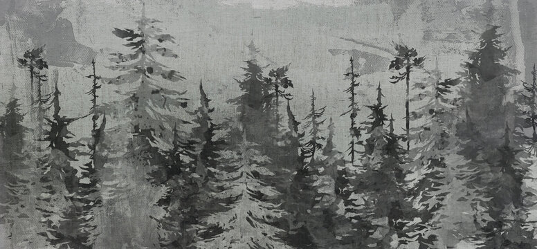 
spruce trees painted in a watercolor style in black and white on a textured background with scuffs photo wallpaper