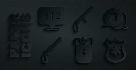 Set Police electric shocker, badge, rubber baton, and Telephone call 112 icon. Vector