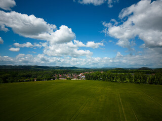 Aerial view with nice clouds and village
