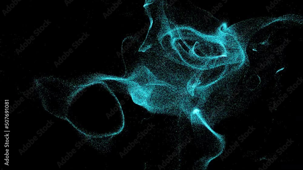 Poster Black background.Motion. Shiny pink and blue small particles in abstraction draw different patterns.
