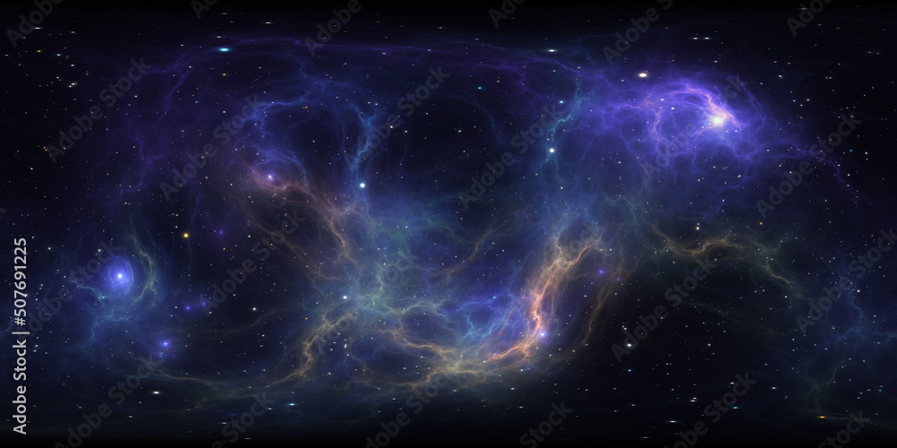 Wall mural 360 degree full sphere panoramic space background with starfield and nebula, equirectangular project
