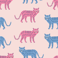 Funny colorful tigers hand drawn vector illustration. Tropical wild cats seamless pattern for kids fabric or wallpaper.