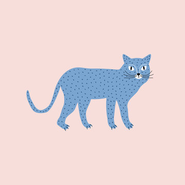 Cute blue leopard hand drawn vector illustration. Exotic wild cat in flat style for kids logo or icon.
