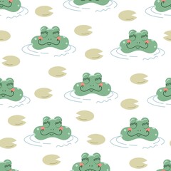 Seamless vector pattern with cute hand drawn happy frog in water. Kawaii texture. Funny animal background for kids room decor, nursery art, fabric, wallpaper, wrapping paper, textile, packaging.