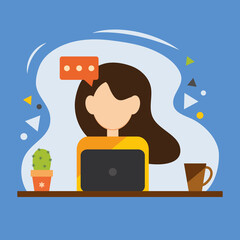 The girl at the laptop is sitting at the table.