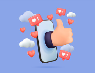 Online marketing Social media. Like, smile and thumb up hand icons. Marketing promotion, business, modern 3d like icon.
