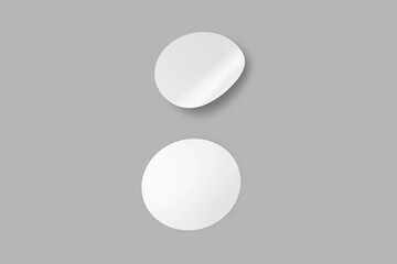 Two circular sticky symbols. White tags, paper round stickers with peel off corner and shadow, mockup of round paper adhesive stickers with curved corner. 3d rendering.