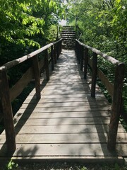 Wooden bridges and steps in the area of the Tatar mound among bushes and tall trees are a place for walks and recreation of locals in Przemyl, Poland. 