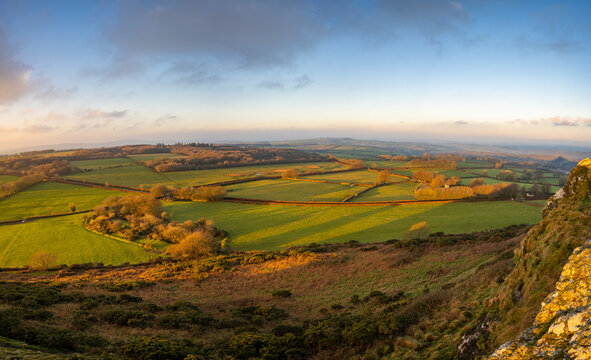 Aerial view of rural landscape at sunrise, Dartmoor National Park, Devon, England, UK