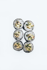 sushi fish rice white background