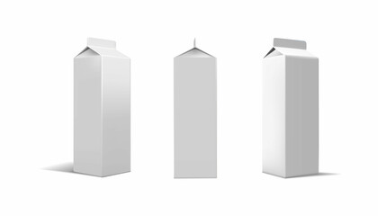 3d realistic vector icon set. Mockup of white drink carton packs. Milk dairy packaging.