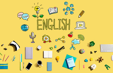 Learning English concept with collection of electronic gadgets and office supplies
