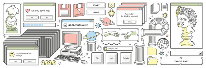 Old computer aestethic. Retro pc elements, user interface, psychedelic greek sculpture, smile, planet, windows, icons in trendy y2k retro style. Vector illustrations. Nostalgia for 1990s -2000s.