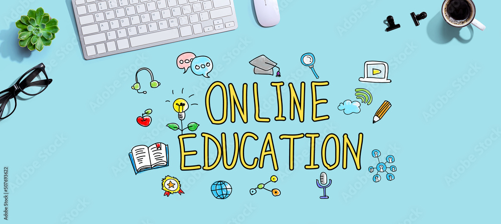 Poster online education with a computer keyboard and a mouse