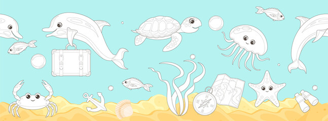 Coloring page outline of cartoon underwater sea life. Undersea landscape with cute dolphins, funny crab, fish, jellyfish, turtle, starfish and travel stuff. Coloring book for children. Vector