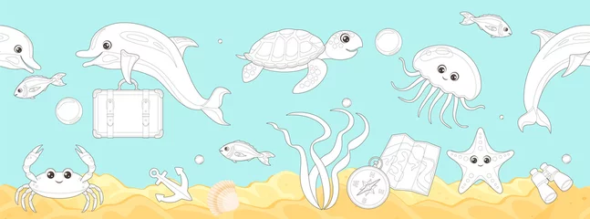 Draagtas Kleurplaat paginaoverzicht van cartoon onderwater zeeleven. Onderzees landschap met schattige dolfijnen, grappige krabben, vissen, kwallen, schildpadden, zeesterren en reisspullen. Kleurboek voor kinderen. Vector © Iv85