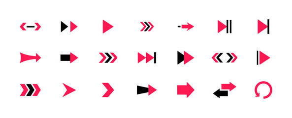 Red and black arrows set. Collection of graphic elements for website. HUD and modern design for navigation, icons for app development. Cartoon flat vector illustrations isolated on white background
