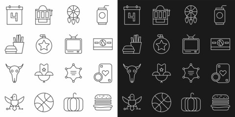 Set line Burger, Casino chip and playing cards, Stacks paper money cash, Dream catcher with feathers, Canteen water bottle, french fries, Calendar date July 4 and Retro tv icon. Vector