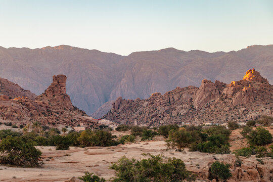 Spectacular views of palm trees and Mount Napoleon's hat in Tafraout, southern Morocco