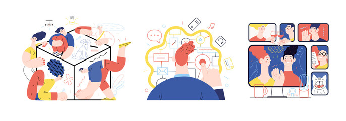 Technology Memphis illustrations -modern flat vector concept digital illustration on Strategic Partership- Synergy, CX customer experience, Video conferencing technology. Creative landing web page set
