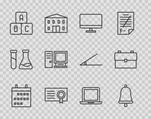 Set line Calendar, Ringing bell, Computer monitor screen, Certificate template, ABC blocks, Laptop and School backpack icon. Vector