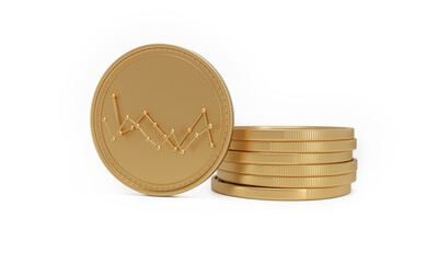Gold coins and stock market graph on isometric white background. Foreign exchange currency changes and crises concept.