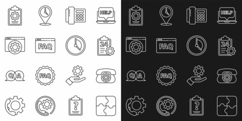 Set line Piece of puzzle, Telephone, Checklist with 24 hours service, Browser FAQ, setting, and Time Management icon. Vector