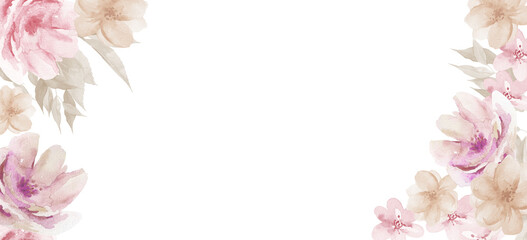 Neutral Pink Flower Background. Floral Watercolor Frame on white.