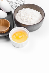 Baking ingredients on white background. Food background 