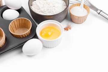 Baking ingredients on white background. Food background 