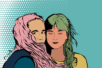 Ilustracja dwie młode kobiety kolorowe włosy komiks - obrazy, fototapety, plakaty