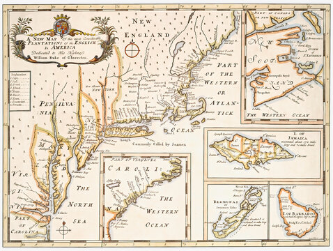 This is a restored reproduction of an antique map that features an early depiction of the British Colonies in North America in the early 1700s. Published circa 1719.