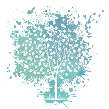Silhouette of a tree on a background of blue blots. Vector illustration