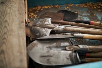 The shovels are in the trailer, a lot of shovels. Garden improvement. Tree planting © Alenka