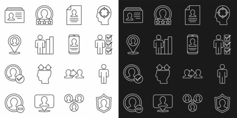 Set line User protection, of man, in business suit, Resume, Productive human, Location with person, and Mobile resume icon. Vector