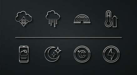 Set line Cloud with snow, Weather forecast, Meteorology thermometer, Celsius, Moon and stars, rain, Lightning bolt and Rainbow icon. Vector