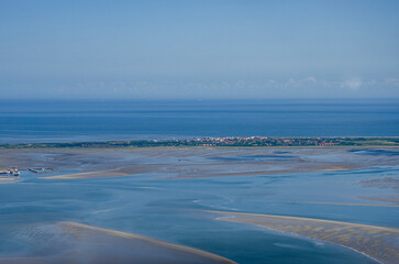 Aerial view of the North Sea coast just before the Frisian Islands during the approach to Wangerooge.