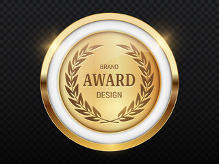 Luxury golden badges. Bright medal for best employee. Prize mile trophy, achievement award to winner in competition. Motivation, leadership and success. Realistic isometric vector illustration