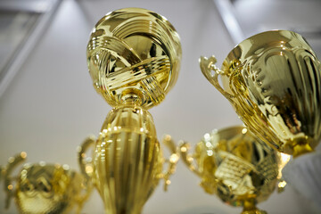 Golden goblets close-up. Victory. Cup for first place