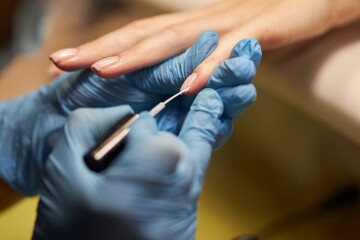 manicurist makes a manicure. The process of creating a quality manicure. Personal care. Beauty industry 
