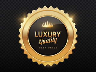 Luxury golden badges. Quality assurance of goods in online store. Graphic elements to highlight product that users liked more, achievement and reward. Realistic isometric vector illustration
