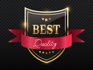 Luxury golden badges. Best quality award, trophy shield. Modern methods of promotion on Internet. User opinion, rating and rank. Premium product in shop. Realistic isometric vector illustration