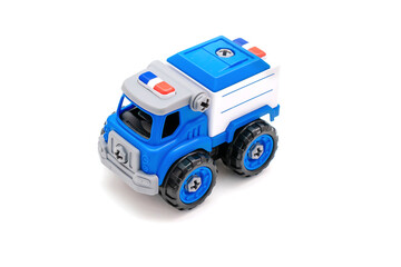 Colorful little mini blue plastic police defender truck car toy isolated on white background, mockup with copy space, toys for children,for boys, kids development, playing, childhood fun