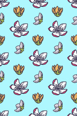 Seamless pattern with apricot tree blossom and magnolia flowers in cute cartoony stile and fresh and bright colors on blue background.